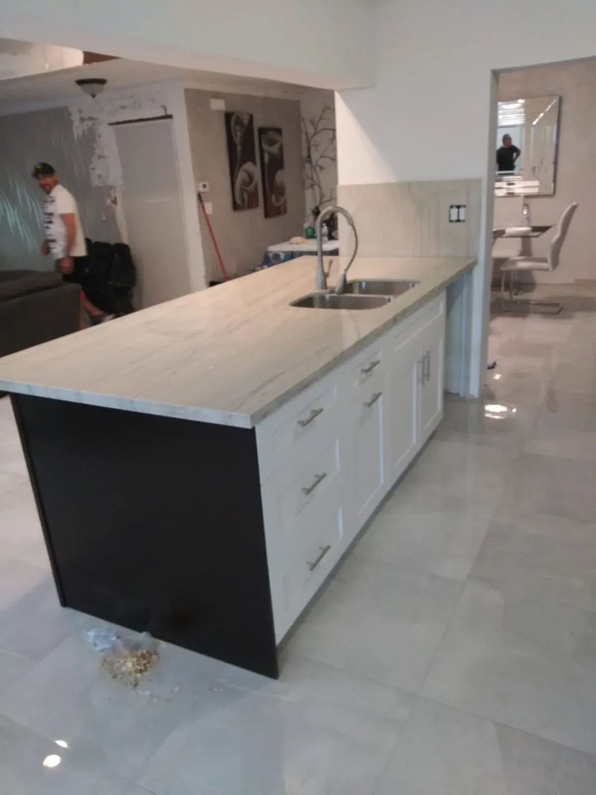 Kitchen island with drawers and a white countertop
