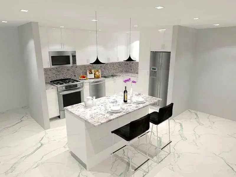 White kitchen with an island and bar stools