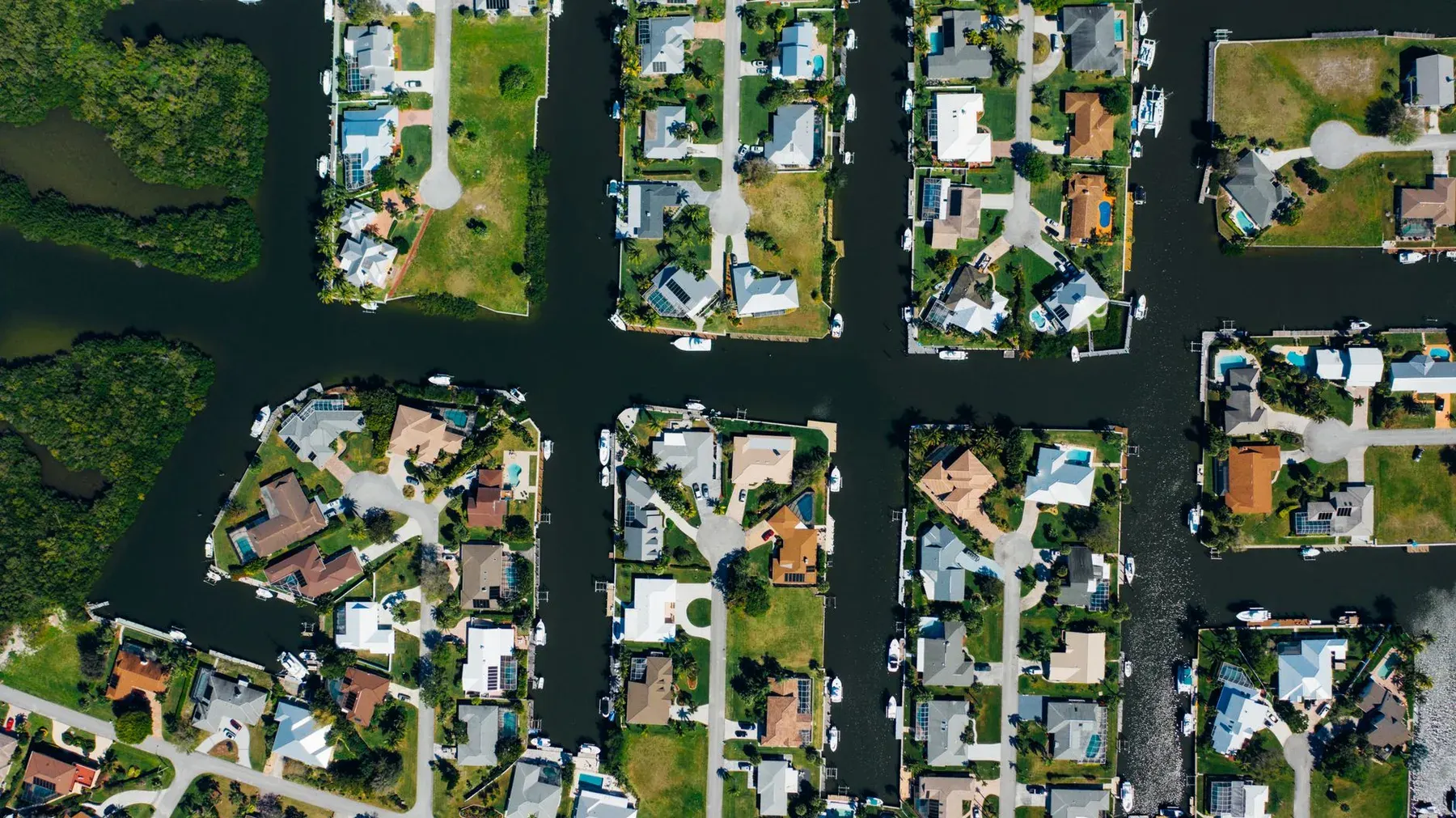 Aerial view of Cape Coral, FL residential streets and canals